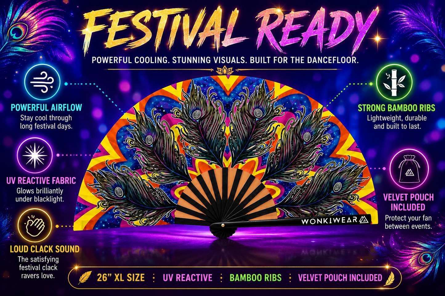 Benefits of Carnival XL festival fan including UV reactive fabric, loud clack sound and bamboo ribs