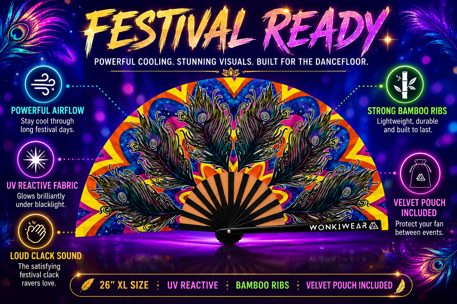 Benefits of Carnival XL festival fan including UV reactive fabric, loud clack sound and bamboo ribs
