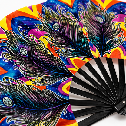Close-up of vibrant peacock feather artwork on Carnival XL festival fan