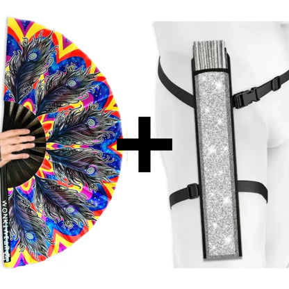 Carnival XL festival fan with adjustable silver shimmer fan holster for hands-free festival carrying