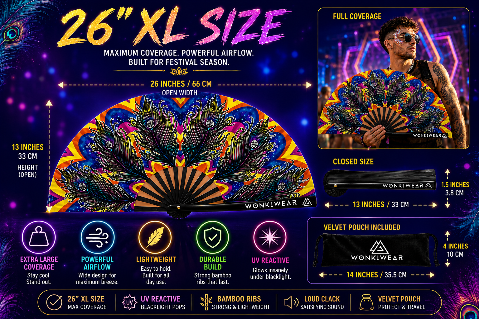 Carnival XL festival fan dimensions showing 26 inch width and 13.5 inch folded size