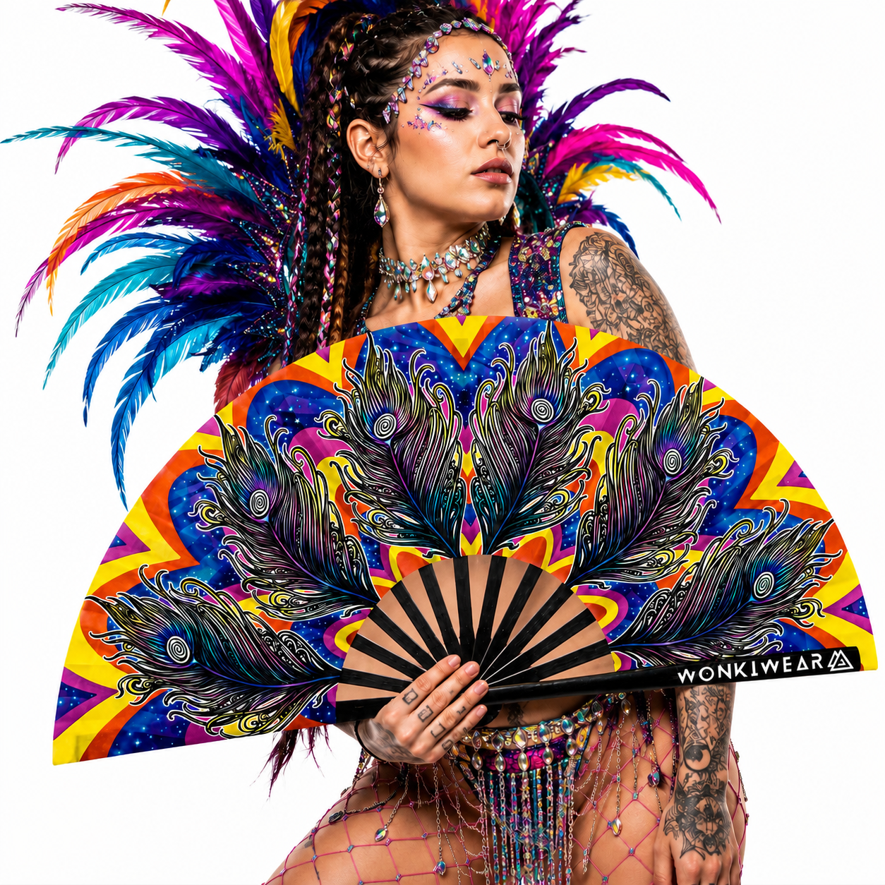 Festival model holding Carnival XL peacock feather rave fan