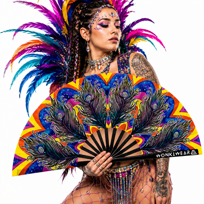 Festival model holding Carnival XL peacock feather rave fan