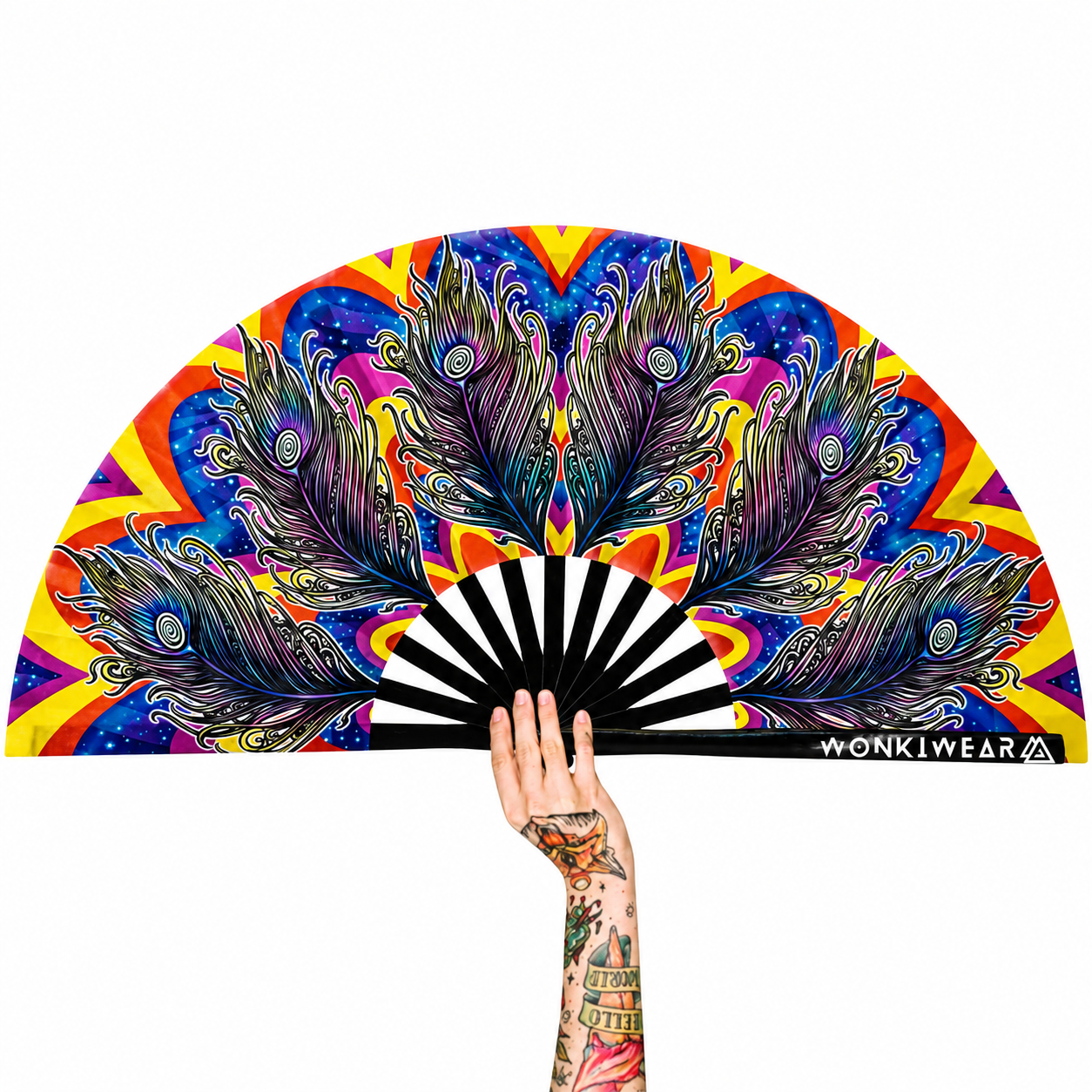 Carnival XL festival fan featuring colourful peacock feather artwork and black bamboo ribs