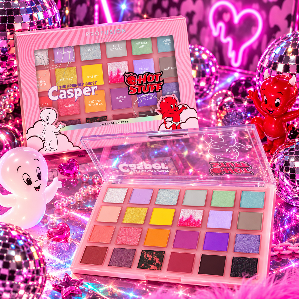 Profusion Casper and Hot Stuff 24-shade eyeshadow palette with colourful pink, purple, orange and shimmer shades in a neon rave setting