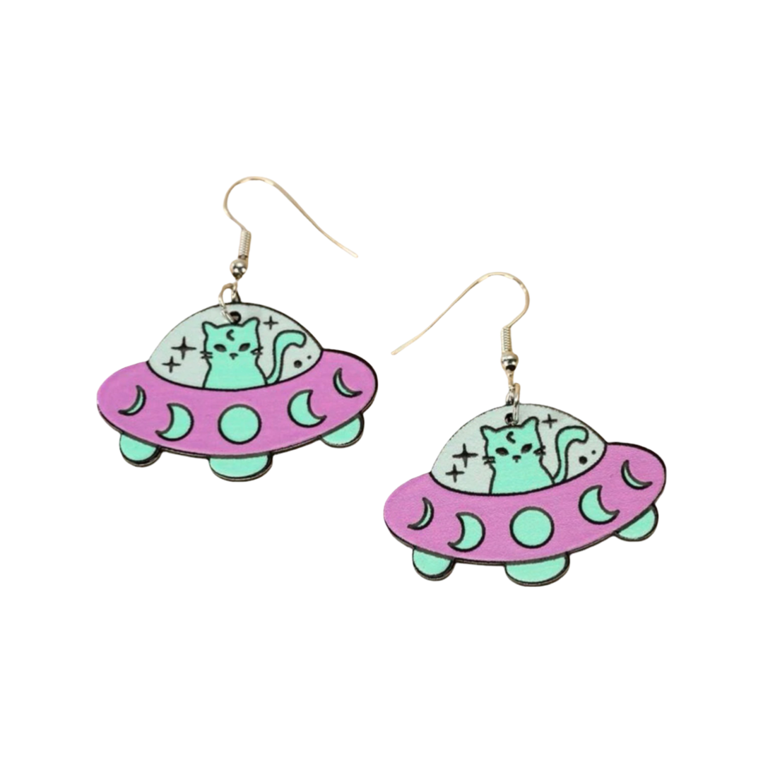 Cute pastel cat UFO drop statement earrings on white background