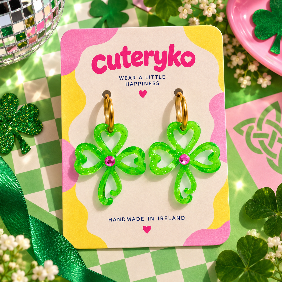 Celtic Shamrock Hoop Earrings with glittery green charms and pink centre gems by Cuteryko
