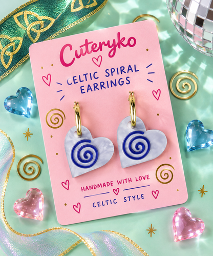 Celtic Spiral hoop earrings with pearlescent heart charms and navy blue spiral detailing by Cuteryko
