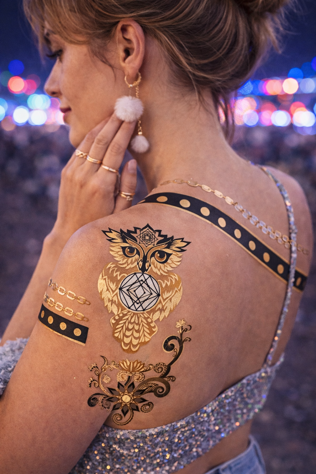 Model wearing chakra temporary tattoos for spiritual and boho festival makeup look