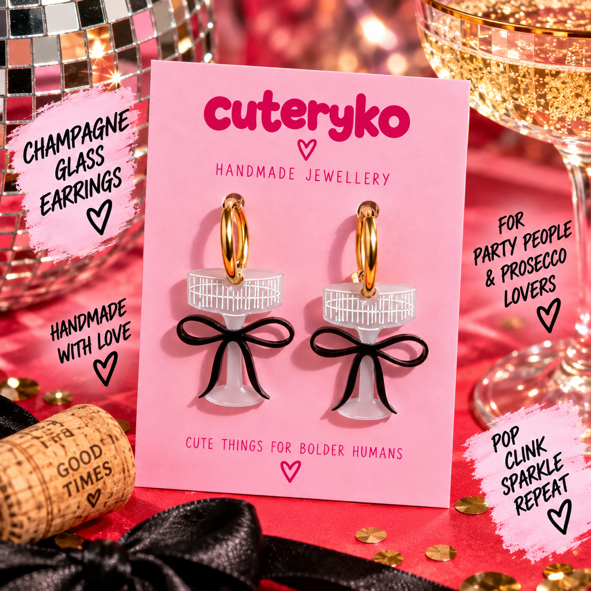Champagne glass hoop earrings with black bow details by Cuteryko