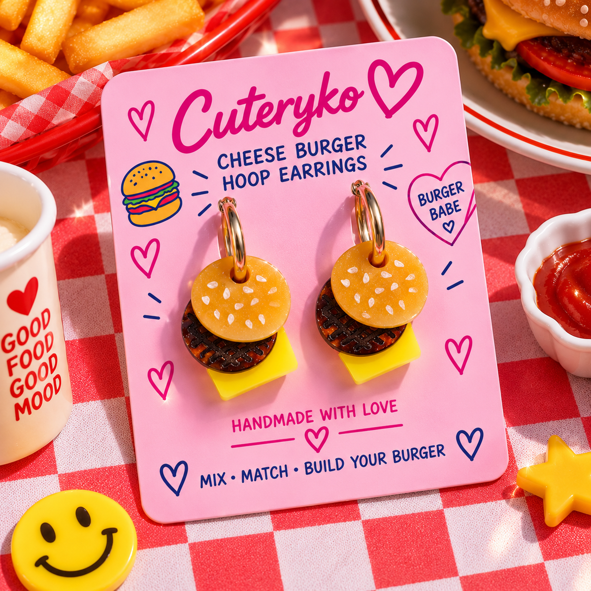 Cheese Burger hoop earrings with stacked bun, burger patty and cheese charms by Cuteryko