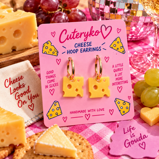 Cheese hoop earrings with Swiss cheese slice charms by Cuteryko