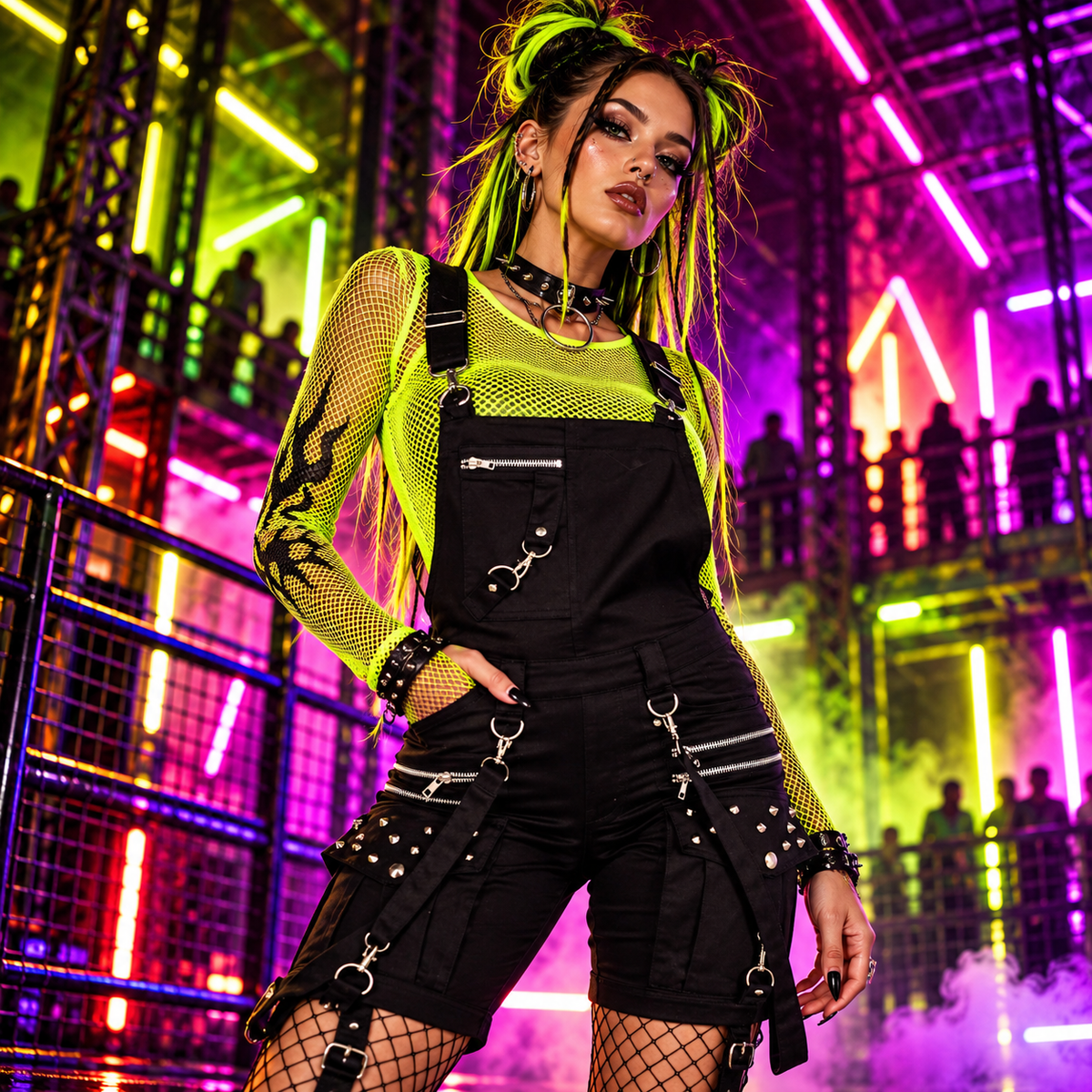 Chemical Black Trinity black studded dungaree shorts styled with a neon lime mesh top at an industrial rave