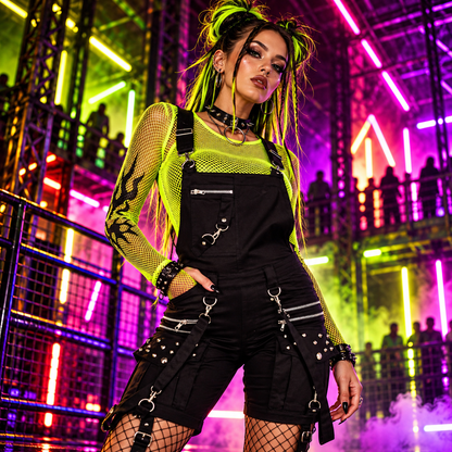 Chemical Black Trinity black studded dungaree shorts styled with a neon lime mesh top at an industrial rave