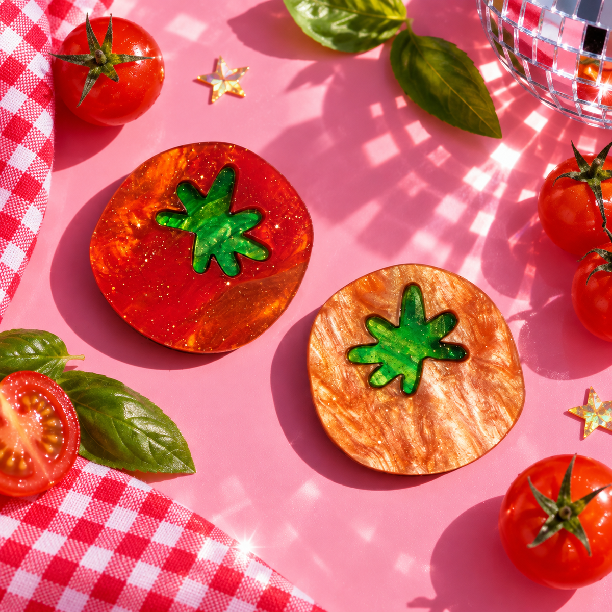 Cherry tomato hair clips set of 2 with red and pearlescent tomato designs by Cuteryko