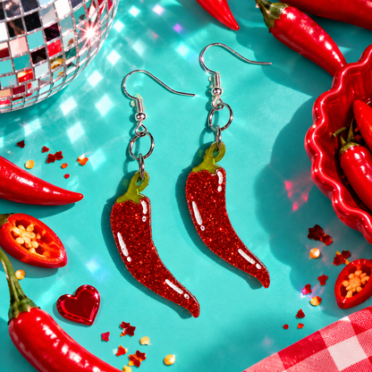 Chilli Pepper Earrings with sparkly red pepper charms and green stems by Cuteryko