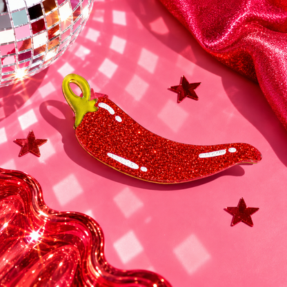 Red glitter chilli pepper hair clip with green stalk by Cuteryko