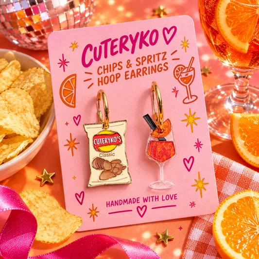 Chips and Spritz hoop earrings with crisp packet and orange cocktail charms by Cuteryko