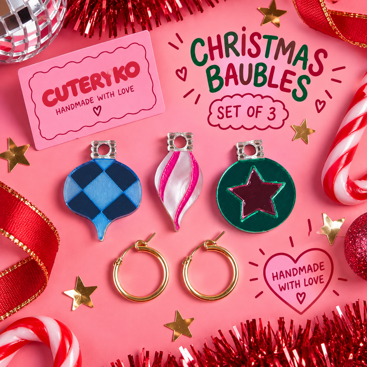 Christmas Baubles hoop earrings set of three colourful bauble charms by Cuteryko