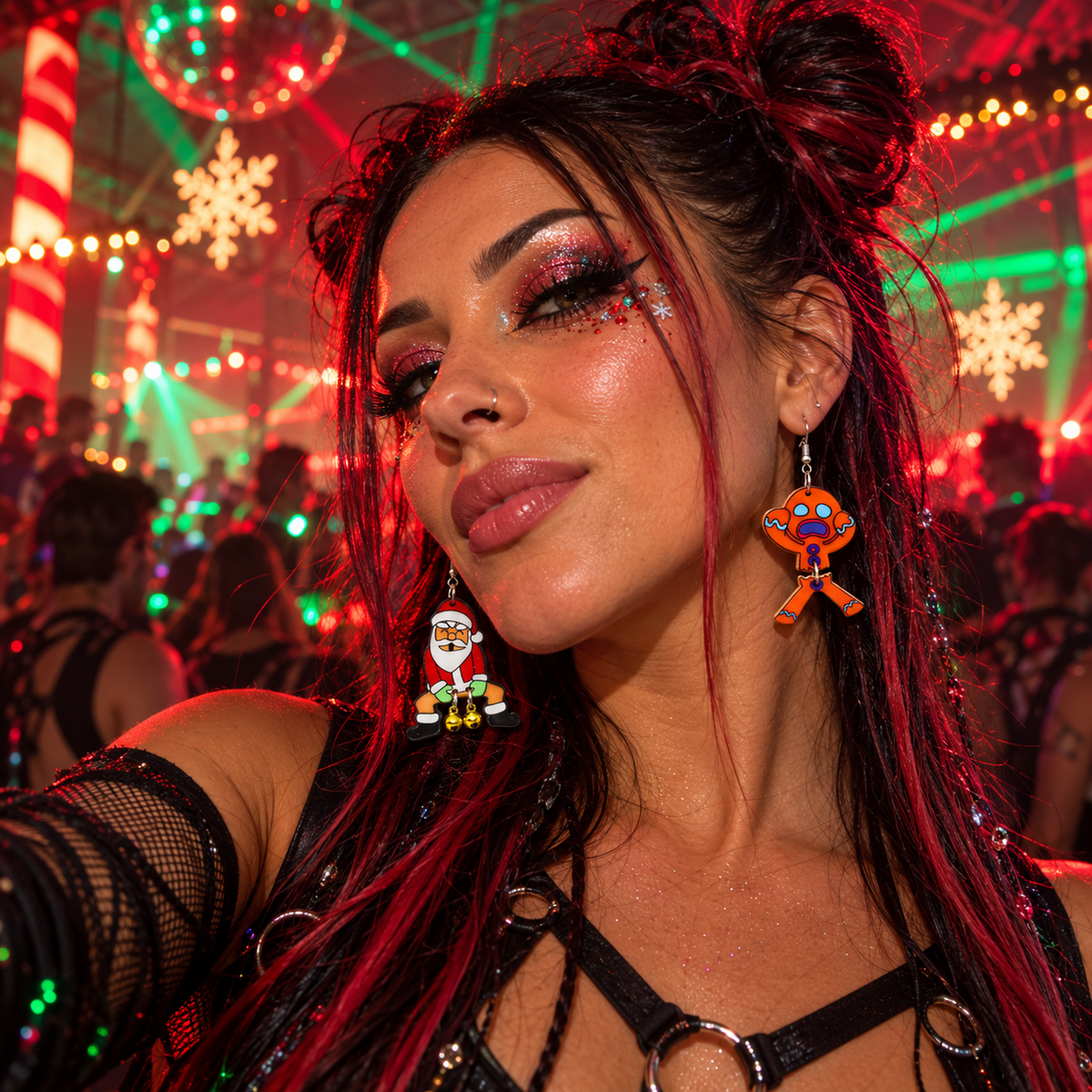 Woman wearing mismatched Santa and broken gingerbread man Christmas earrings at a festive rave