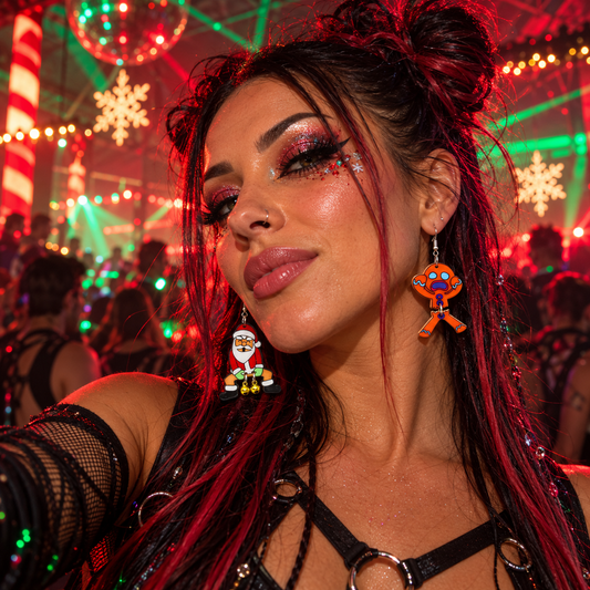 Woman wearing mismatched Santa and broken gingerbread man Christmas earrings at a festive rave