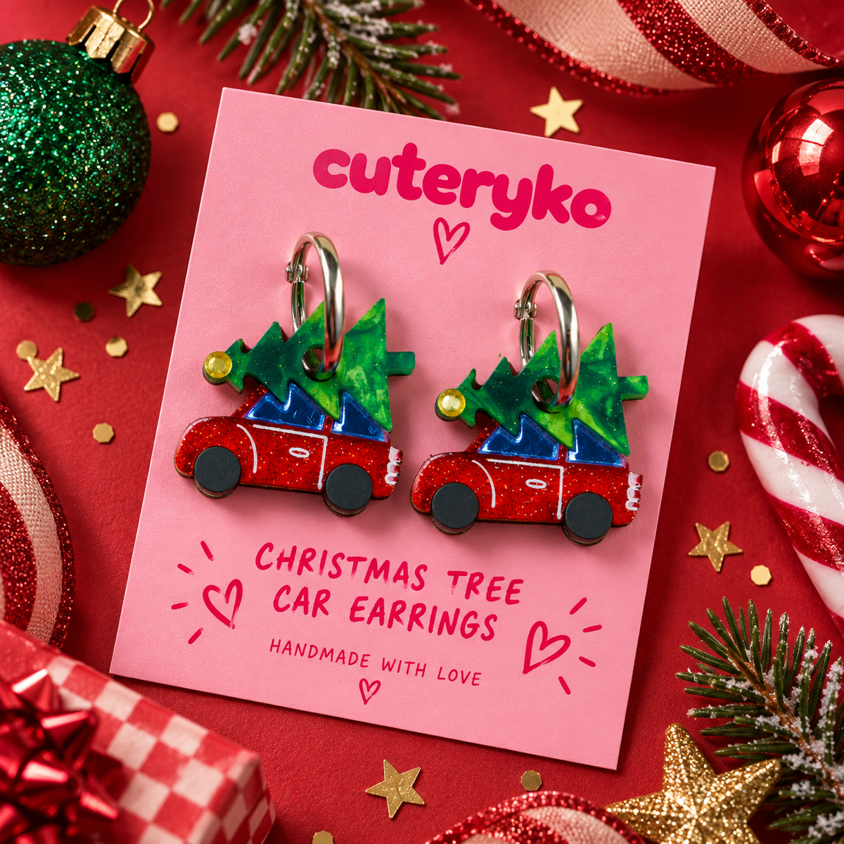Christmas Tree Car hoop earrings with glittery red cars and green Christmas trees by Cuteryko