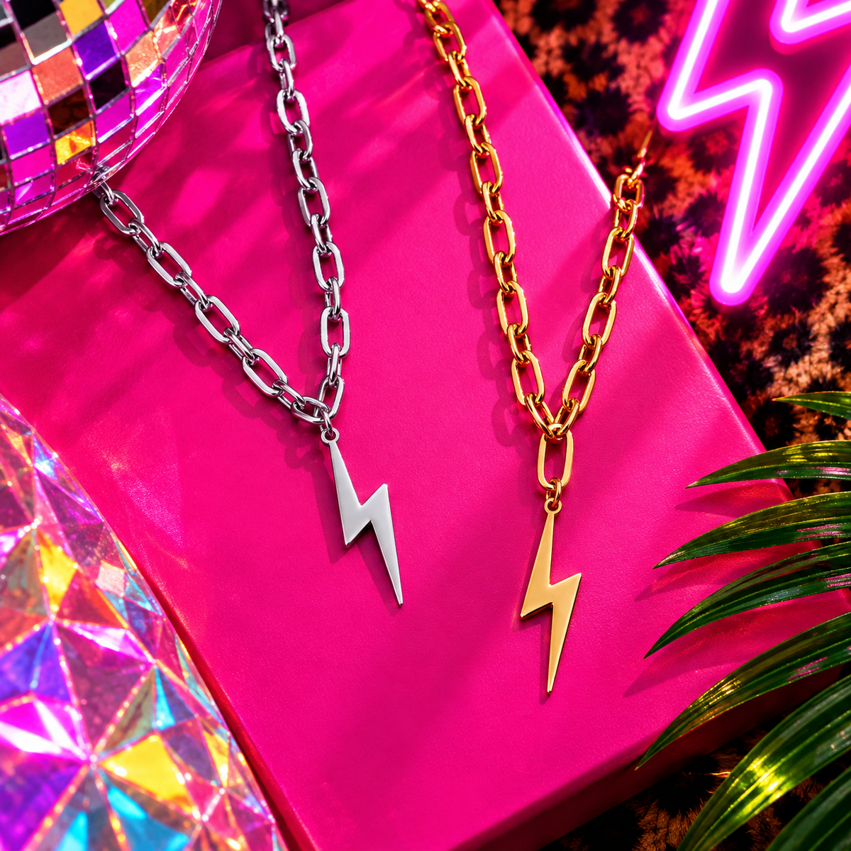 Chunky chain lightning bolt necklace in gold and silver