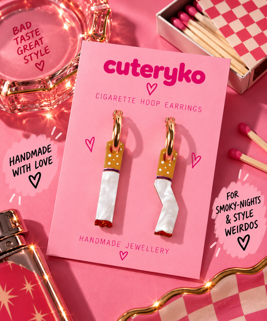 Cigarette hoop earrings with hand-painted cigarette charms and gold hoops by Cuteryko