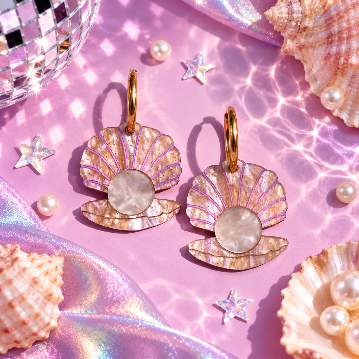 Clam and Pearl hoop earrings with pearlescent shell charms and lilac detailing by Cuteryko
