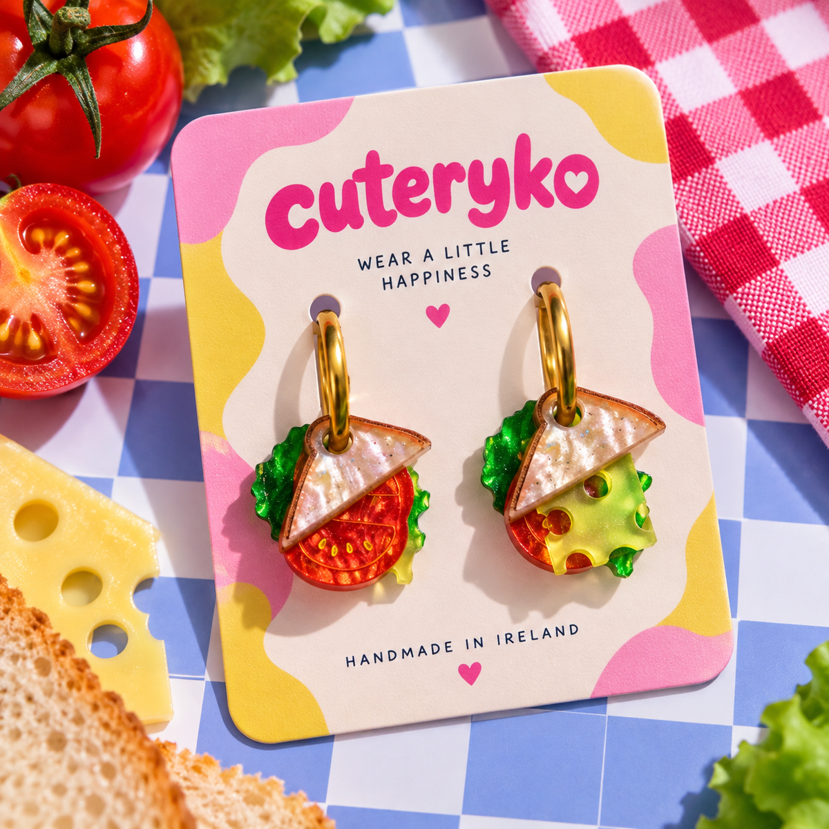 Classic Sandwich Hoop Earrings with bread, lettuce, tomato and cheese charms by Cuteryko