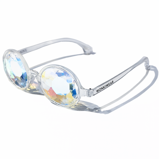Clear round kaleidoscope glasses with prism lenses and transparent frame