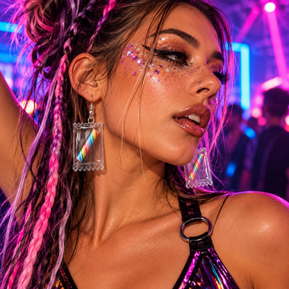 Clear transparent candy-wrapper earrings with rainbow sweets worn by a raver at a neon festival