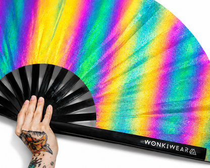     Close up detail of holographic oil slick reflective material on XL festival fan with black bamboo ribs