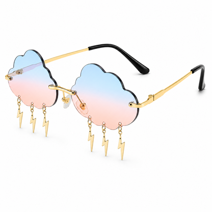 Blue and peach cloud shaped festival glasses with lightning charms angled product view