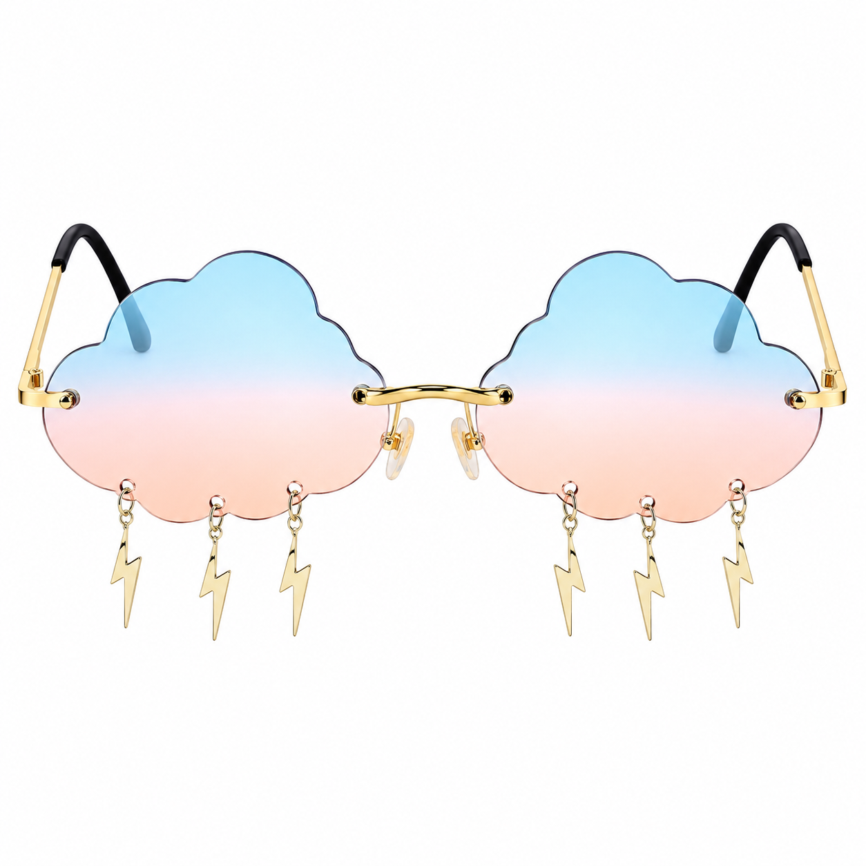 Blue and peach cloud shaped festival glasses with lightning charms front view
