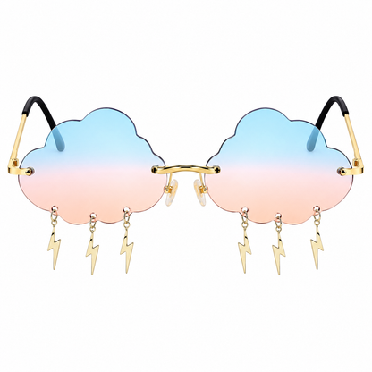 Blue and peach cloud shaped festival glasses with lightning charms front view