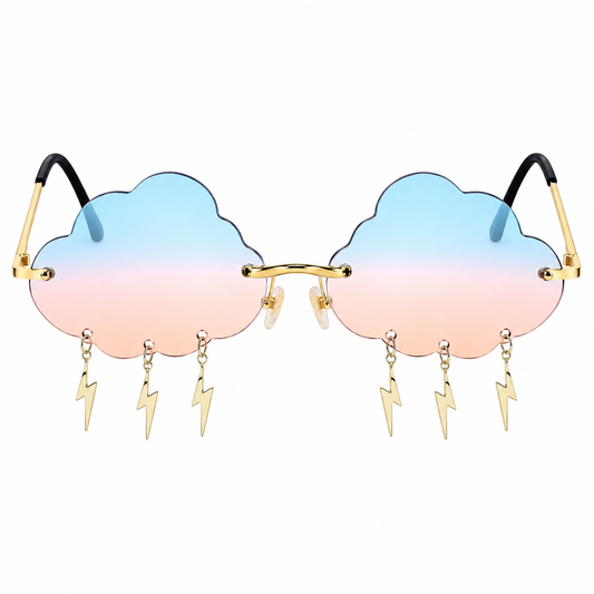 Blue and peach cloud shaped festival glasses with lightning charms front view