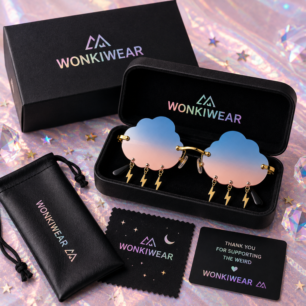 Blue and peach cloud lightning festival glasses in premium WonkiWear gift box