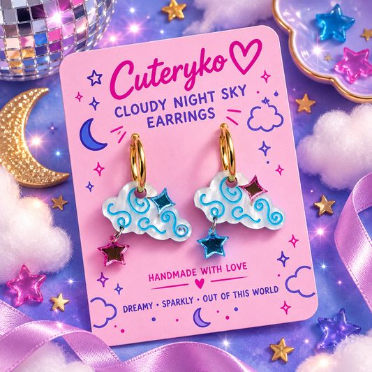 Cloudy Night Sky hoop earrings with pearlescent cloud charms and pink and blue stars by Cuteryko