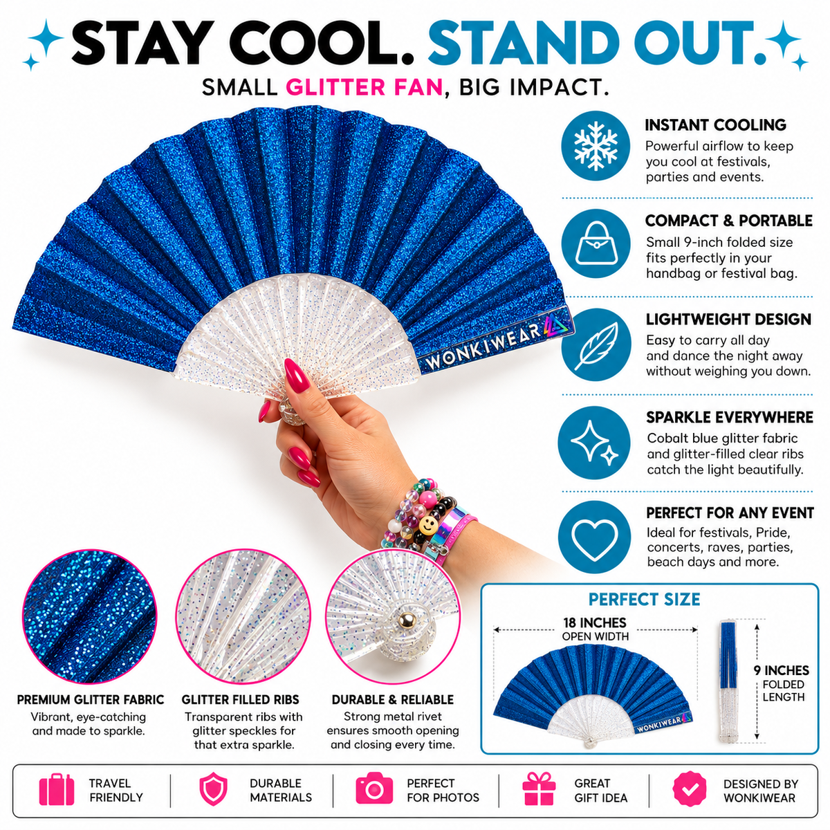 WonkiWear cobalt blue glitter folding fan infographic highlighting cooling, compact portability, lightweight design, sparkling clear ribs, festival use and 18-inch open and 9-inch folded dimensions.
