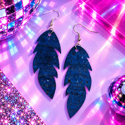 Cobalt blue cork leaf statement earrings with silver stainless steel hooks by Trend Tonic