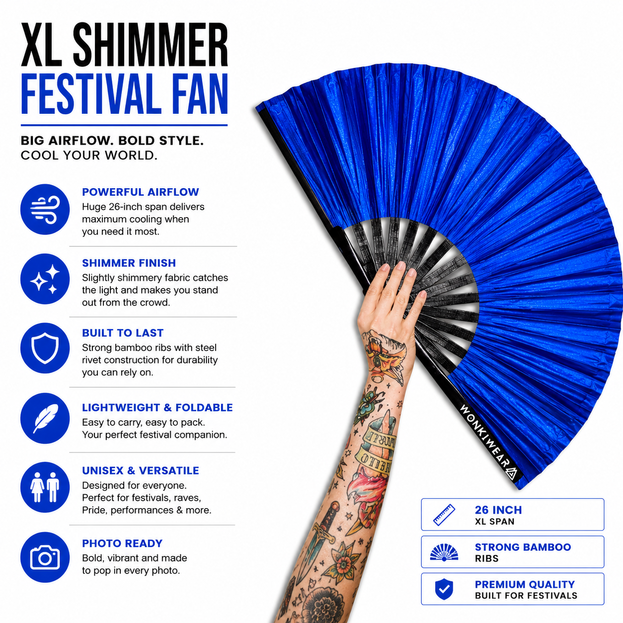 Benefits infographic showing features of WonkiWear cobalt blue shimmer festival fan