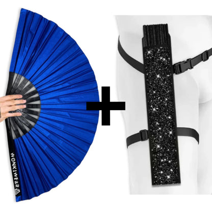 WonkiWear cobalt blue shimmer festival fan with matching fan black holster
