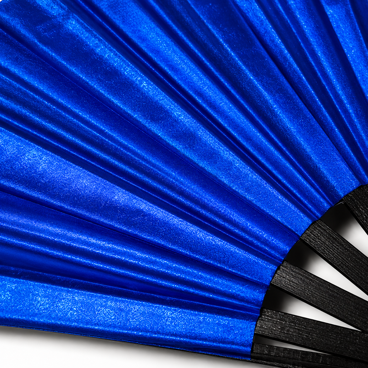Close-up showing metallic cobalt blue shimmer texture on WonkiWear XL festival fan