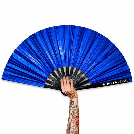 XL cobalt blue shimmer festival fan with black bamboo ribs and WonkiWear logo