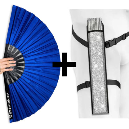 WonkiWear cobalt blue shimmer festival fan with matching silver fan holster