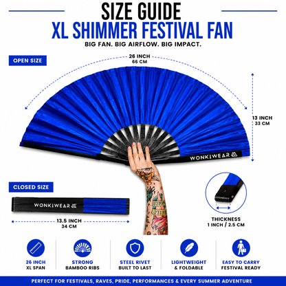 Size infographic showing 26 inch dimensions of XL cobalt blue shimmer festival fan
