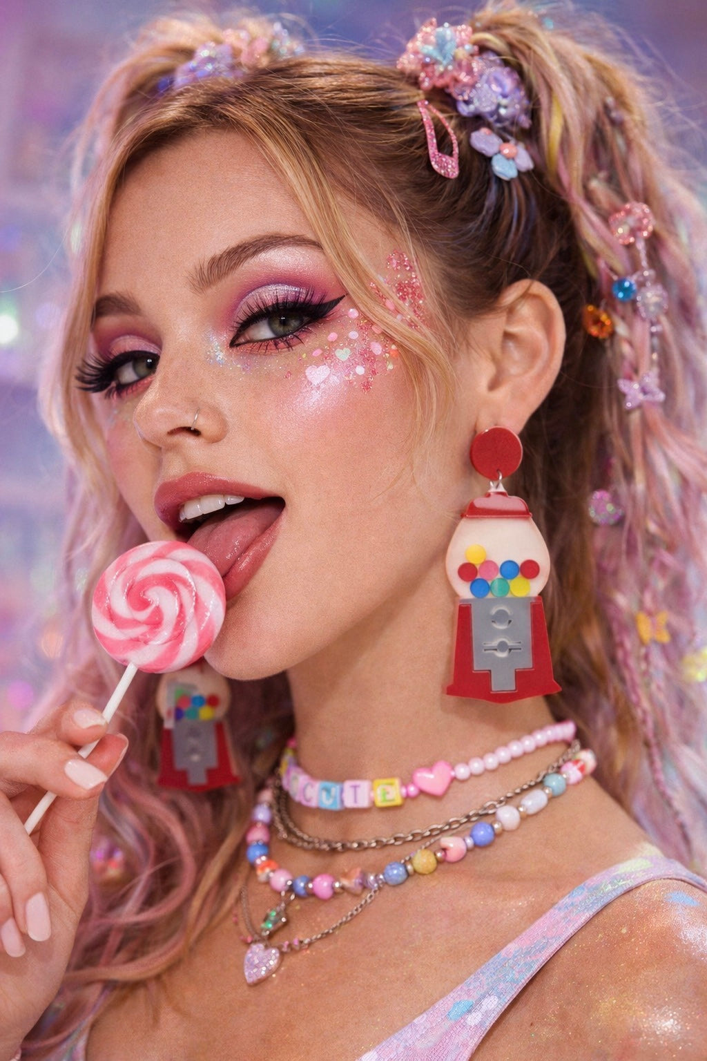 Model wearing gumball earrings cute festival outfit UK