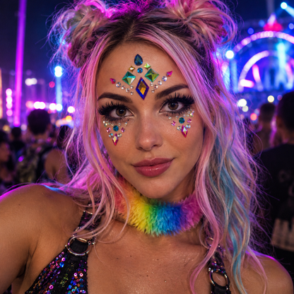 Rave festival model wearing colourful face jewels with pastel hair and neon lighting.