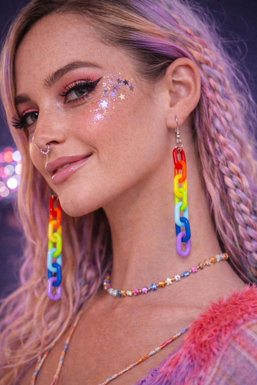 Bright rainbow chain earrings lightweight rave accessories UK